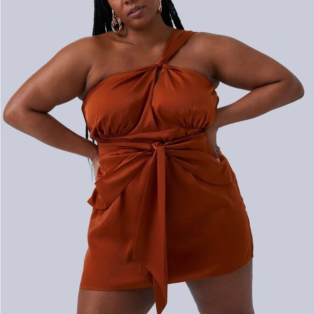 Elegant One-Shoulder Satin Dress in Vibrant Rust